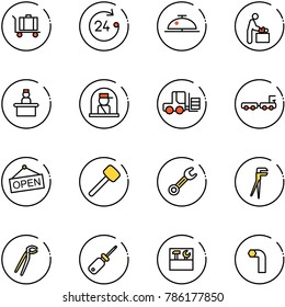 line vector icon set - baggage vector, 24 hours, client bell, baby room, recieptionist, officer window, fork loader, truck, open, rubber hammer, wrench, plumber, screwdriver, tool box, allen key