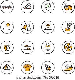line vector icon set - baggage truck vector, trap, dollar pin, coconut cocktail, lounger, flippers, bungalow, palm, flip flops, swimsuit, parasol, tent, shell, cruiser