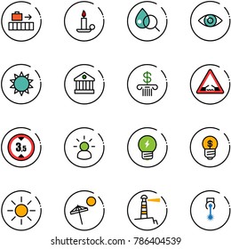 line vector icon set - baggage vector, candle, blood test, eye, sun, bank, drawbridge road sign, limited height, idea, business, beach, lighthouse, laser