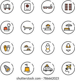 line vector icon set - baggage vector, passport, truck, plane seats, scales, lounger, bungalow, inflatable pool, flip flops, swimsuit, shell, sand castle, car, kite