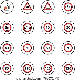 line vector icon set - baggage scales vector, tractor way road sign, artificial unevenness, limited width, height, distance, speed limit 10, 20, 40, 50, 60, 70, 80, 110, 120, 130