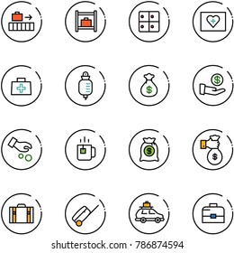 line vector icon set - baggage vector, room, first aid kit, doctor bag, drop counter, money, investment, green tea, rich, suitcase, car, case