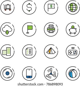 line vector icon set - baggage vector, dollar sign, flag, globe, download cloud, printer, piggy bank, building, list, tent, joystick wireless, cd, mobile phone, wind mill, basketball