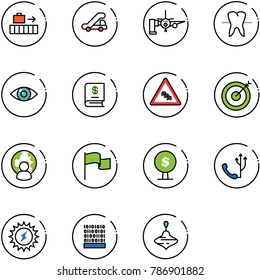 line vector icon set - baggage vector, trap truck, boarding passengers, tooth, eye, annual report, multi lane traffic road sign, target, man globe, flag, money tree, phone, sun power, binary code