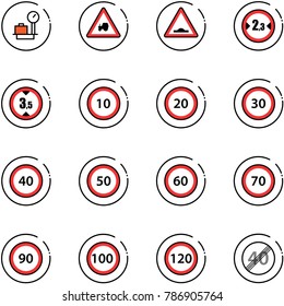 line vector icon set - baggage scales vector, tractor way road sign, artificial unevenness, limited width, height, speed limit 10, 20, 30, 40, 50, 60, 70, 90, 100, 120, end