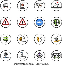 line vector icon set - baggage vector, passport, helicopter, mountains, intersection road sign, bus, globe, signpost, flippers, flip flops, surfing, sailboat toy, ufo