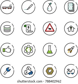 line vector icon set - baggage truck vector, scalpel, pear, breads, coin, account history, cow road sign, home, like, gear globe, flask, rocket, wrench, recycling, nut, baby car