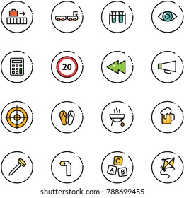 line vector icon set - baggage vector, truck, vial, eye, calculator, speed limit 20 road sign, fast backward, loudspeaker, target, flip flops, grill, beer, nail, allen key, abc cube, kite