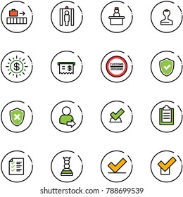 line vector icon set - baggage vector, metal detector gate, recieptionist, stamp, dollar sun, receipt, customs road sign, shield check, cross, user login, clipboard, list, chess queen