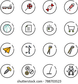 line vector icon set - baggage truck vector, lollipop, candy, firework rocket, basketball ball, document, hot tea, cart, paper fly, bezier, plumber, screw, rivet, rake, robot