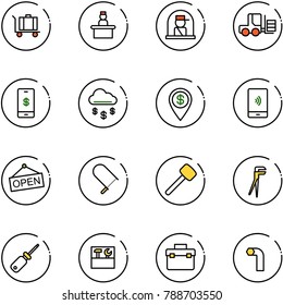 line vector icon set - baggage vector, recieptionist, officer window, fork loader, mobile payment, money rain, dollar pin, open, fretsaw, rubber hammer, plumber, screwdriver, tool box, allen key
