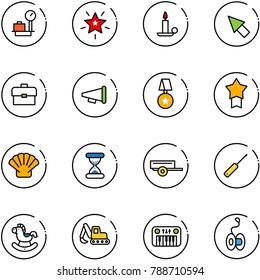 line vector icon set - baggage scales vector, christmas star, candle, cursor, portfolio, speaker horn, medal, shell, sand clock, trailer, awl, rocking horse, excavator toy, piano, yoyo
