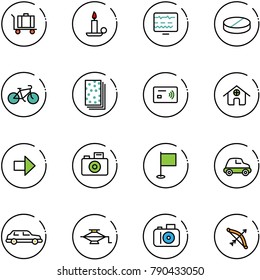 line vector icon set - baggage vector, candle, diagnostic monitor, pill, bike, breads, tap pay, home, right arrow, camera, flag, car, limousine, jack, bow