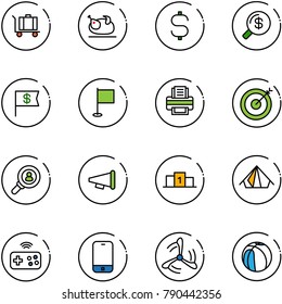 line vector icon set - baggage vector, turkey, dollar sign, money search, flag, printer, target, head hunter, speaker horn, pedestal, tent, joystick wireless, mobile phone, wind mill, basketball