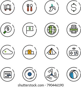 line vector icon set - baggage vector, spoon and fork, banana, dollar sign, money search, flag, globe, printer, cloud, pedestal, tent, joystick wireless, terms plan, cd, wind mill, basketball