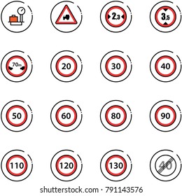 line vector icon set - baggage scales vector, tractor way road sign, limited width, height, distance, speed limit 20, 30, 40, 50, 60, 80, 90, 110, 120, 130, end