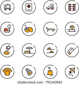 line vector icon set - baggage vector, passport, trap truck, plane seats, scales, coconut cocktail, lounger, bungalow, palm, inflatable pool, flip flops, suitcase, shell, sand castle, kite