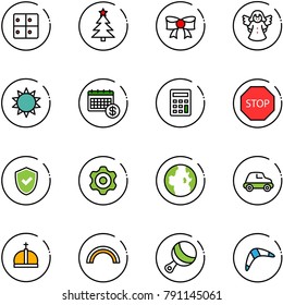 line vector icon set - baggage room vector, christmas tree, bow, angel, sun, calendar, calculator, stop road sign, shield check, gear, globe, car, crown, rainbow, beanbag, boomerang