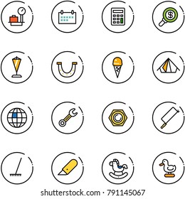 line vector icon set - baggage scales vector, schedule, calculator, search money, pennant, luck, ice cream, tent, globe, wrench, nut, metal hacksaw, rake, work knife, rocking horse, toy duck