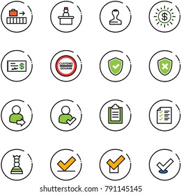 line vector icon set - baggage vector, recieptionist, stamp, dollar sun, check, customs road sign, shield, cross, user login, clipboard, list, chess queen