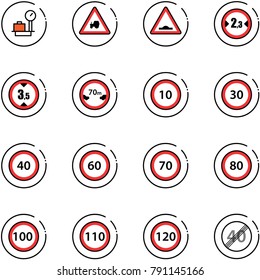 line vector icon set - baggage scales vector, tractor way road sign, artificial unevenness, limited width, height, distance, speed limit 10, 30, 40, 60, 70, 80, 100, 110, 120, end
