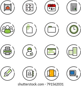 line vector icon set - baggage room vector, christmas calendar, calculator, group, attachment, folder, time, printer, manager, schedule, building, highlight marker, contact book, doors, monoblock pc