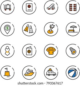 line vector icon set - baggage vector, passport, trap truck, plane seats, dollar pin, flippers, palm, inflatable pool, swimsuit, shell, sand castle, cruiser, car, beach ball