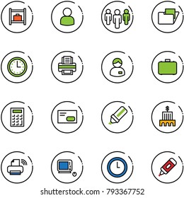 line vector icon set - baggage room vector, user, group, folder, time, printer, manager, case, calculator, envelope, highlight marker, bank building, wireless, monoblock pc, clock