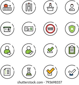 line vector icon set - baggage vector, metal detector gate, recieptionist, stamp, receipt, check, customs road sign, shield cross, user login, clipboard, list, chess queen