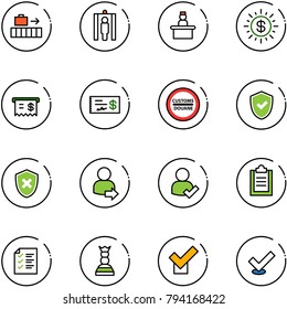 line vector icon set - baggage vector, metal detector gate, recieptionist, dollar sun, receipt, check, customs road sign, shield, cross, user login, clipboard, list, chess queen