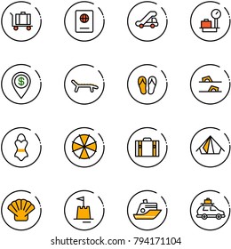 line vector icon set - baggage vector, passport, trap truck, scales, dollar pin, lounger, flip flops, swimsuit, parasol, suitcase, tent, shell, sand castle, cruiser, car