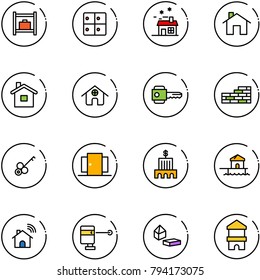 line vector icon set - baggage room vector, house, home, key, brick wall, doors, bank building, bungalow, wireless, laser lever, constructor blocks, toy block