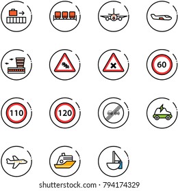 line vector icon set - baggage vector, waiting area, plane, small, airport building, multi lane traffic road sign, railway intersection, speed limit 60, 110, 120, end overtake, electric car, cruiser