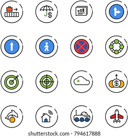 line vector icon set - baggage vector, insurance, statistics report, only forward right road sign, pedestrian way, no stop, friends, target, cloud, dollar growth, dolphin, wireless home, moon rover