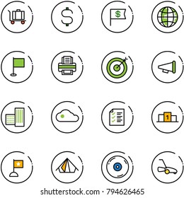 line vector icon set - baggage vector, dollar sign, flag, globe, printer, target, speaker horn, building, cloud, list, pedestal, tent, cd, lawn mower