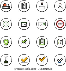 line vector icon set - baggage vector, metal detector gate, recieptionist, stamp, dollar sun, receipt, check, customs road sign, shield cross, clipboard, list, chess queen