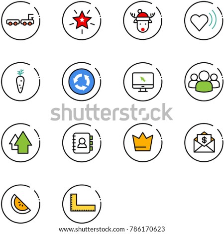 line vector icon set - baggage truck vector, christmas star, deer hat, heart beat, carrot, circle road sign, monitor cursor, group, arrow up, contact book, crown, mail dollar, watermelone