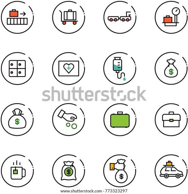 line vector icon set - baggage vector,\
truck, scales, room, first aid kit, drop counter, money bag,\
investment, case, portfolio, green tea, rich,\
car