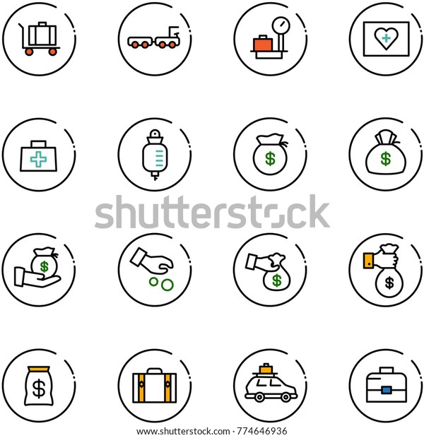 line vector icon set - baggage\
vector, truck, scales, first aid kit, doctor bag, drop counter,\
money, investment, encashment, rich, suitcase, car,\
case