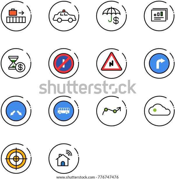line vector icon set - baggage vector, safety car,
insurance, statistics report, account history, no parkin odd,
abrupt turn right road sign, only, detour, bus, chart point arrow,
cloud, target