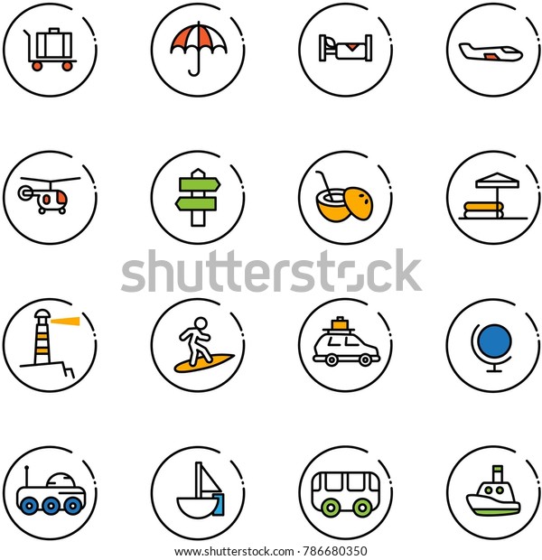 line vector icon set - baggage vector, insurance,\
hotel, small plane, helicopter, signpost, coconut cocktail,\
inflatable pool, lighthouse, surfing, car, globe, moon rover,\
sailboat toy, bus, boat
