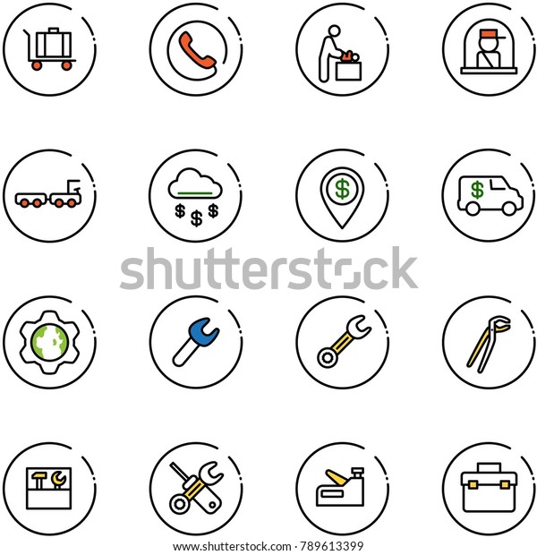 line vector icon\
set - baggage vector, phone, baby room, officer window, truck,\
money rain, dollar pin, encashment car, gear globe, wrench,\
plumber, tool box, screwdriver,\
stapler
