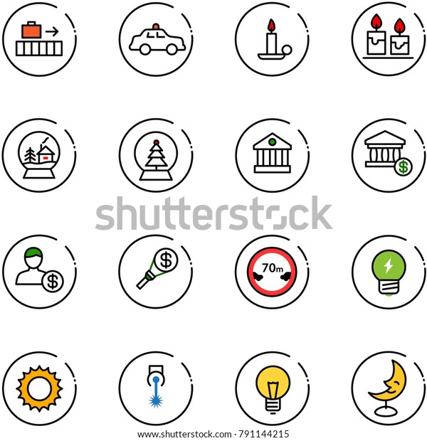 line vector icon\
set - baggage vector, safety car, candle, snowball house, tree,\
bank, account, money torch, limited distance road sign, idea, sun,\
laser, bulb, moon lamp