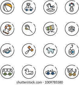 line vector icon set - ball vector, car toy, rocking horse, beanbag, teethers, stick, xylophone, cube, horn, hammer, yoyo, bus, duck, cat