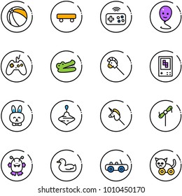 line vector icon set - ball vector, skateboard, joystick wireless, balloon smile, crocodile, horse stick toy, game console, rabbit, wirligig, unicorn, windmill, monster, duck, car, cat