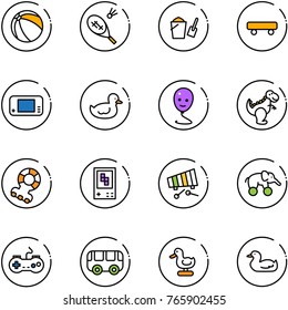 line vector icon set - ball vector, badminton, bucket scoop, skateboard, game console, duck toy, balloon smile, dinosaur, teethers, xylophone, elephant wheel, gamepad, bus