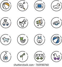 line vector icon set - ball vector, badminton, game console, duck toy, car, dinosaur, xylophone, horn, horse, caterpillar, rabbit, beach, yoyo, windmill, bus