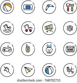 line vector icon set - ball vector, game console, boomerang, shovel fork toy, rocking horse, wheel, xylophone, cube, gamepad, phone, rabbit, piano, unicorn stick, paper plane, basketball