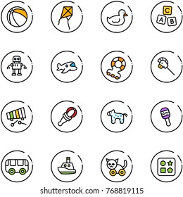 line vector icon set - ball vector, kite, duck toy, abc cube, robot, plane, teethers, horse stick, xylophone, beanbag, bus, boat, cat, hole