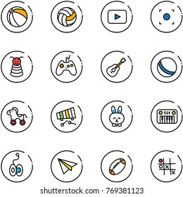 line vector icon set - ball vector, volleyball, playback, record button, pyramid toy, joystick, guitar, wheel horse, xylophone, rabbit, piano, yoyo, paper plane, football, Tic tac toe